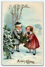 c1910's Christmas Children Winter Snow Scene Gel Gold Gilt Embossed Postcard picture