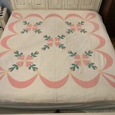 Large Vtg Antique 1930s Pink Heart Floral Appliqué Hand Quilted Quilt STUNNING picture