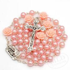 Pink Pearl Beads Roses Rosary 6mm Necklace Lourdes Center Jerusalem Crucifix 18