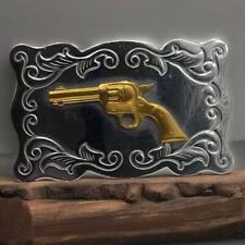 Vintage Western Silver and Gold Color Revolver Gun Metal Belt Buckle, 3 1/8