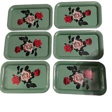 Lot Of 6 Vintage Seafoam Green Floral Red White Roses MCM Retro Metal Lap Trays picture