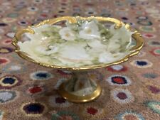 ANTIQUE WHITE ROSE GOLD HAND PAINTED CANDY COMPOTE PEDESTAL BOWL DISH SIGNED EUC picture