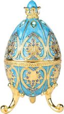 Bejeweled SkyBlue Faberge Egg Hinged Metal Enameled Crystal Trinket box picture