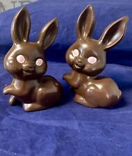 Vintage 2 Dark Chocolate Ceramic Easter Bunny Figurines With Bright Pink Eyes. picture