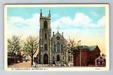 Woonsocket RI-Rhode Island, St Charles Church, Religion, Vintage Postcard picture