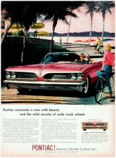 1959 Pontiac Wide Track Vintage Print Ad Beach Lady On Bicycle Palm Trees  picture