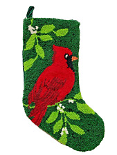 NEW Hooked Chenille Christmas Stocking Plush Dark Green Red Cardinal Leaves Bird picture