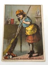 1880s Dr. Price's Cream Baking Powder Trade Card Cute Girl Broom -CH Harvey-Hunt picture