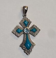 Lenox Turquoise Cross Pendant Necklace Blue Topaz 2.5 Grams Sterling Silver 925  picture