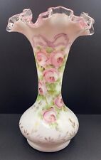 VTG Fenton cased Glass Vase Hand Painted Pink Roses Green/Gold Accents,Signed ES picture