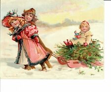1893 Lion Coffee Victorian Trade Card Christmas Children Sled Tree Woolson #10 picture