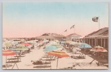 Cliffside Beach Sun Bathers Bathing Flags Nantucket MA Hand Colored Postcard picture