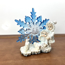 Vintage Christmas Resin Snow Sisters Girls Penguin Blue Snowflake Figurine Decor picture