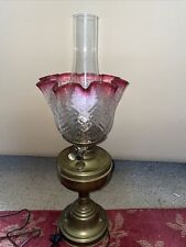 Victorian Oil Lamp With Cranberry Glass Shade And Silver Plated Body Converted picture