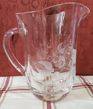 Vintage Etched Floral Pattern Heavy Clear Glass Water Juice Pitcher Retro picture