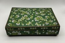 Vintage Cloisonne Green White Floral Chinese Trinket Jewelry Brass Box picture