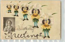 c1907 Birthday Postcard 635; Pansy Flowers w/ Legs, Photo Inset of Little Girl picture