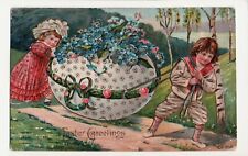 c1905 UDB Easter Greetings Oversized Egg Children Carry Embossed Gold Postcard picture