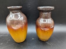 Yellow Gold Brown Drip Glaze Bud Vase Hosley Potteries Art Ceramic Set Of 2 MCM picture