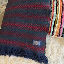 Vintage Pendleton Wool Knit Throw Blanket Fringe Navy Blue Green Red 45x59