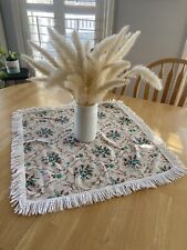 Vtg 60s 70s Mid Century Modern Blue Floral Small Square Tablecloth Doily Fringe picture