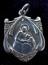 Vintage Floral Ornate Sterling Silver St. Ann Medal w/Guardian Angel on Reverse picture