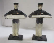 2 VINTAGE/REPRODUCTION CAST IRON WAITER BELLHOP BELL BOY CARD HOLDERS FIGURINES picture
