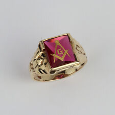Vintage 10k Yellow Gold, Red Stone Men's Freemason Masonic Ring Size 10 picture