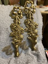 Vtg 1969 Syroco Wall Sconces Gold Flowers & Ribbon Hollywood Regency Decor 18 in picture