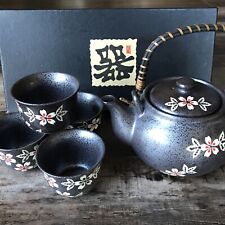 Vintage Tea Set Teapot With 4 Cups Bamboo Handle And Infuser Tao Pottery Rare picture