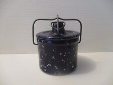 Vintage Blue Speckled Spatter Ware Cheese Butter Crock Ceramic Wire Lock picture