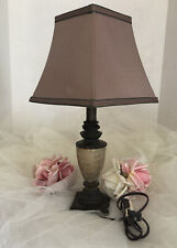 Small Brown Gold Marble Lamp Brass W Fine Silk Lamp Shade Olive Green Trim VTG picture