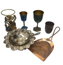 Vintage Lot Copper Brass Judaica Israel Kiddish Cups, Crumb Tray, Lidded Bowl picture