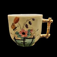 Vtg Antique Victorian Porcelain Hand Painted Mustache Cup Mug Gold Bamboo Handle picture