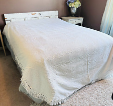 Vtg white cotton bedspread w fringe cottage core farmhouse twin  75