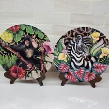 Fitz and Floyd Exotic Jungle Plates Monkey &Zebra Pair Set of 2 Plate Wall picture