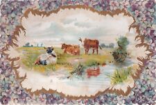 Beautiful Extra Large 1800's Victorian Card -Cows Out on Pasture Pond -#1 picture