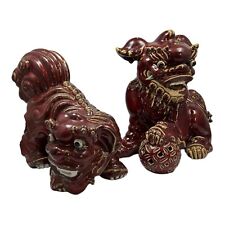 Pair Sang de Boeuf Ceramic Foo Dogs Oxblood Red Large 2Pc picture