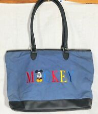 Vintage Mickey Mouse Walt Disney Embroidered Canvas Leather Large Blue Tote Bag picture