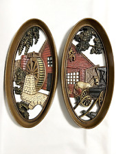 Vintage Water Wheel Mill /Horse Carriage Wall Plaque 1965 Burwood Prod. Set of 2 picture