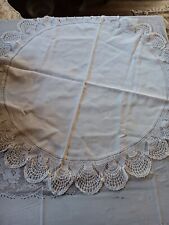 Vintage Small Round Linen And Crochet Edges Table Cover picture