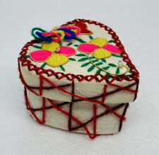 Vintage 1970s Hand Sewn Cloth Yarn Trinket Box Heart Floral Shaped Portugal 20 picture