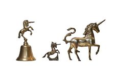 Vintage Solid Brass Figures Unicorn 3 Piece 1 Hand Bell 2 Figurines Mid-Century picture
