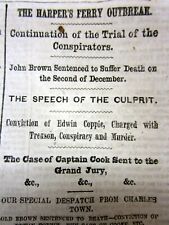 1859 newspaper JOHN BROWN TRIAL Sentenced to DEATH - w his FINAL SPEECH to judge picture