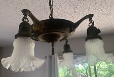 17” wide Antique 5 Light Brass Pan Chandelier Light / Ceiling Fixture No Globes picture