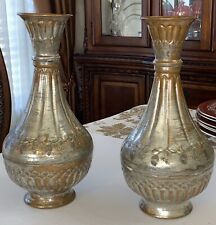 2 Matching Vintage Hand Made Copper Engraved Vases Nice Patina Mediterranean 13” picture