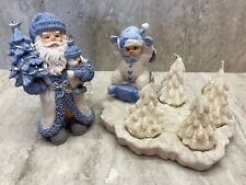 Snow Man with 4 Candle Tree's with Santa holding Tree and Snow baby. Blue/White picture