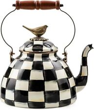 MacKenzie-Childs Courtly Check Enamel Tea Kettle with Bird Topper, Stovetop... picture