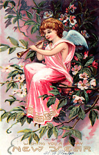 Antique New Year Victorian Girl Angel Cherub Silver Clarinet Vtg Postcard Q10 picture
