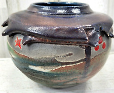 VTG Harry Hearne OOAK Raku Pottery Collared Vase Bowl Highly Colored Decorative picture